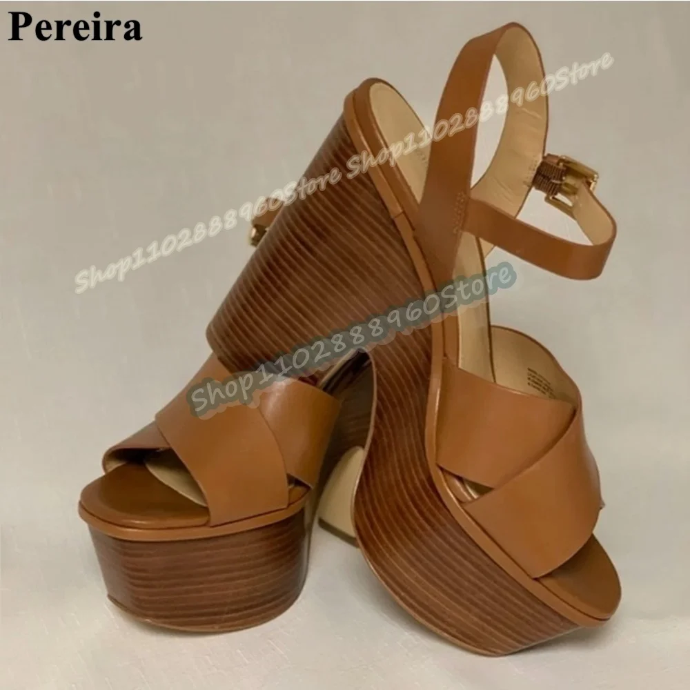 Brown Cross Strap Wooden Printing Platform Sandals Thick Heel Shoes For Women Ankle Buckle Strap Open Toe Occidental Sandals