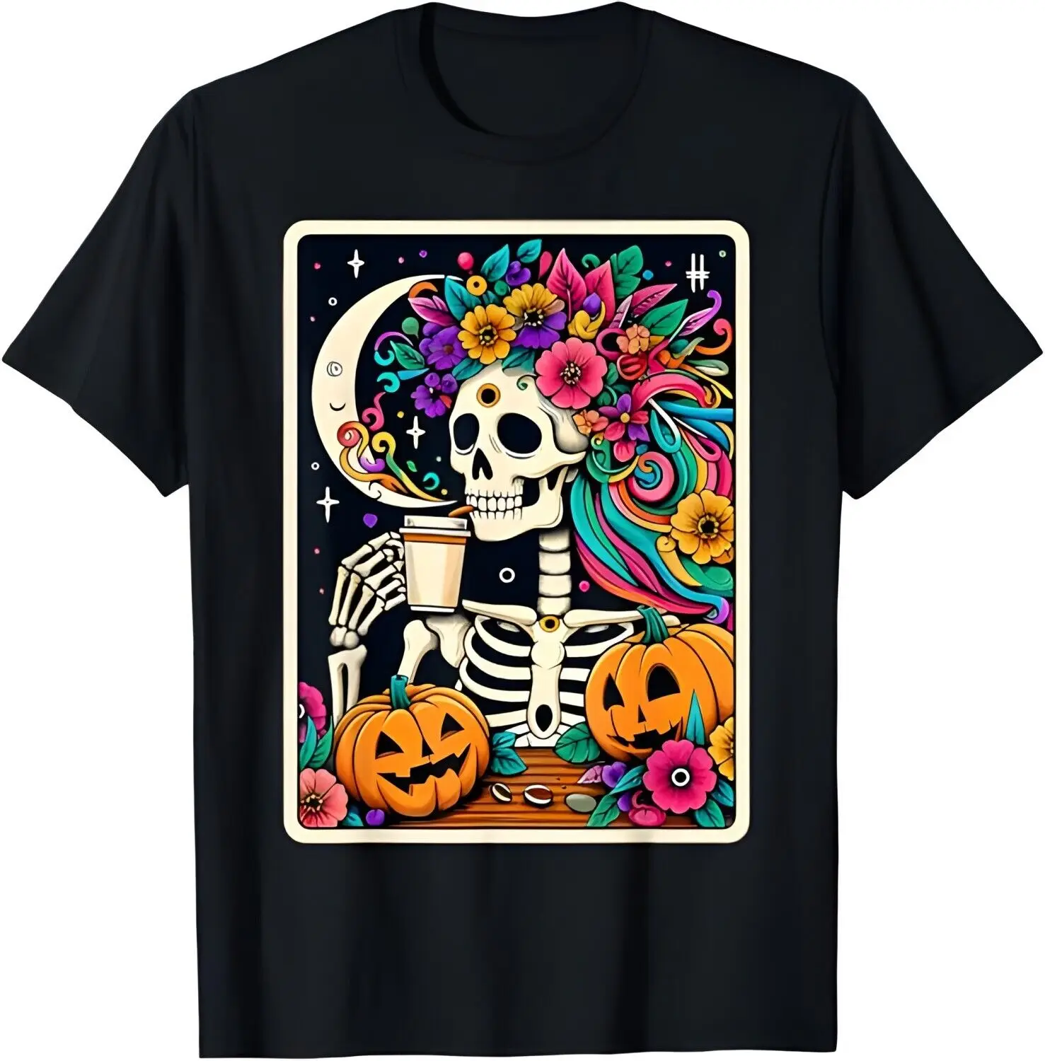 Floral Tarot Card Skeleton Mom Coffee Lover Women Men Halloween T-Shirt