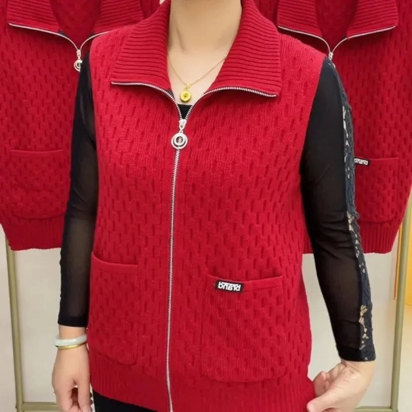 Gilet madre 2024 nuova primavera autunno risvolto Cardigan lavorato a maglia maglione cappotto moda solido cerniera senza maniche giacca donna gilet