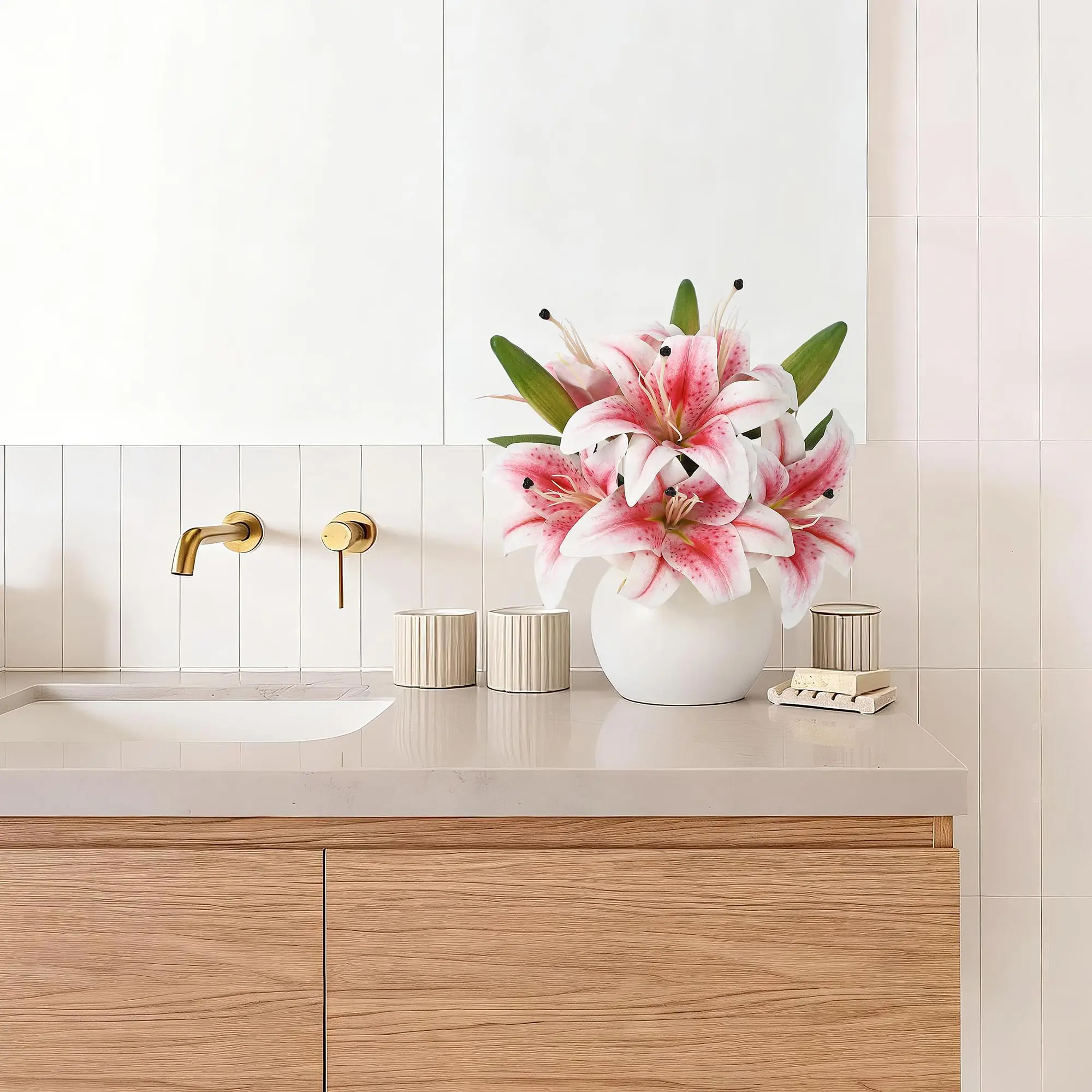 

3 шт. Искусственные цветы розовой тигровой лилии Real Touch с керамической вазой, имитация лилий для декора дома, свадебного стола, центрального украшения