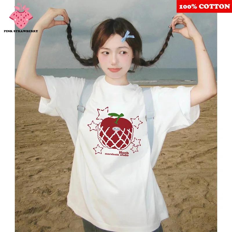 

100% Cotton Fruit print T-shirt Women Summer 2025 New high quality Korean style Short Sleeve Tee Casual Y2k Top Female Clothing