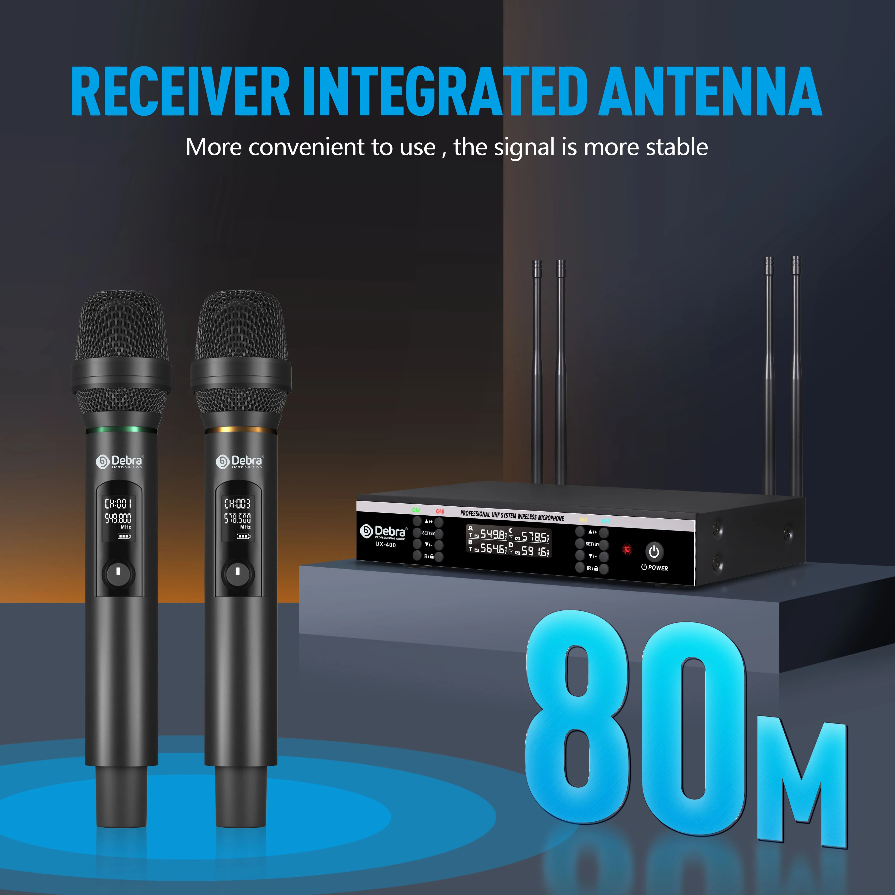 ميكروفون محمول لاسلكي من Debra UX-400 UHF ذو 4 قنوات، ميكروفون قابل لإعادة الشحن، مسافة نقل 80 مترًا، للمسرح والكاريوكي