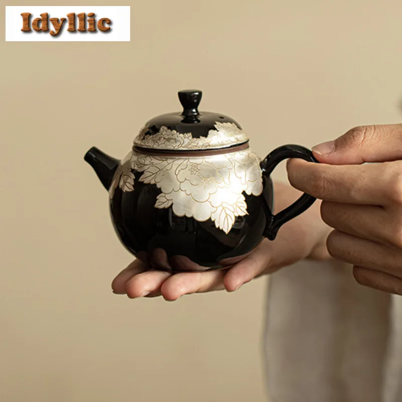 

160ml Gilded Sier Black Glaze Peony Teapot Creative Tea Infuser Pot Household Tea Soaking Kettle With Filter Teaware Decoration