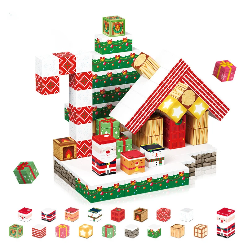 عيد الميلاد المغناطيسي بنة مجموعة لطيف مكعبات مغناطيسية البناء مجموعة الجذعية مونتيسوري ألعاب حسية للأطفال هدية السنة الجديدة