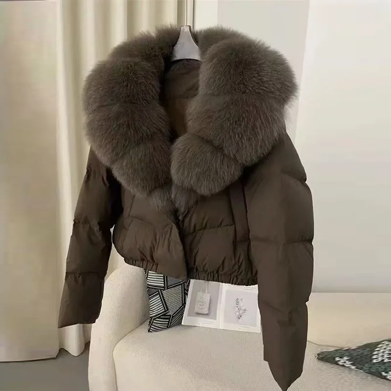 American Fashion Socialite Fox Fur Collar Short Down Jackets Elegant Single-Breasted Thick Warm Down Coats for Women Winter 2025