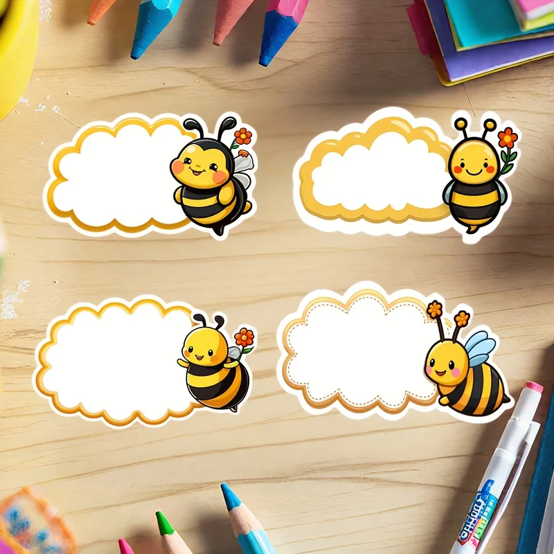 12 pieces of cute bee themed name tag stickers, cartoon style paper classroom decoration, used for desktop name tags
