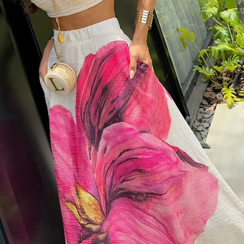 Large Red Floral Print Maxi Skirt Elastic Waist Flowy Long Skirt Elegant Beach Vacation Bottom