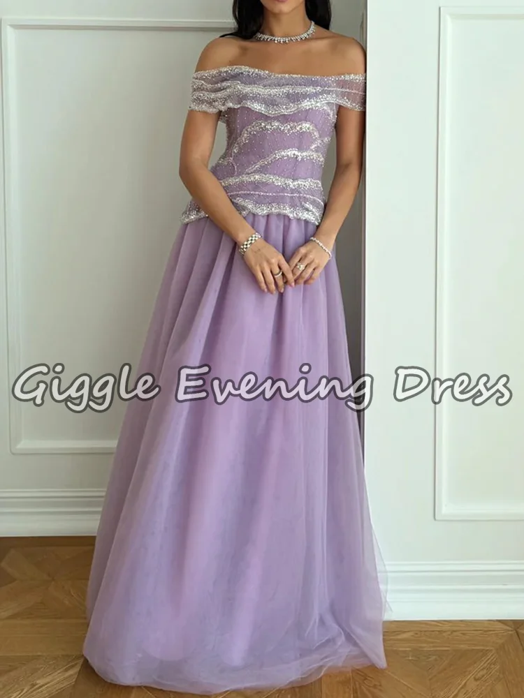 Luxury Off-Shoulder Lavender Evening Dress Beaded Top A-Line Tulle Gown Modest Formal Saudi Prom Party Occasions Customized