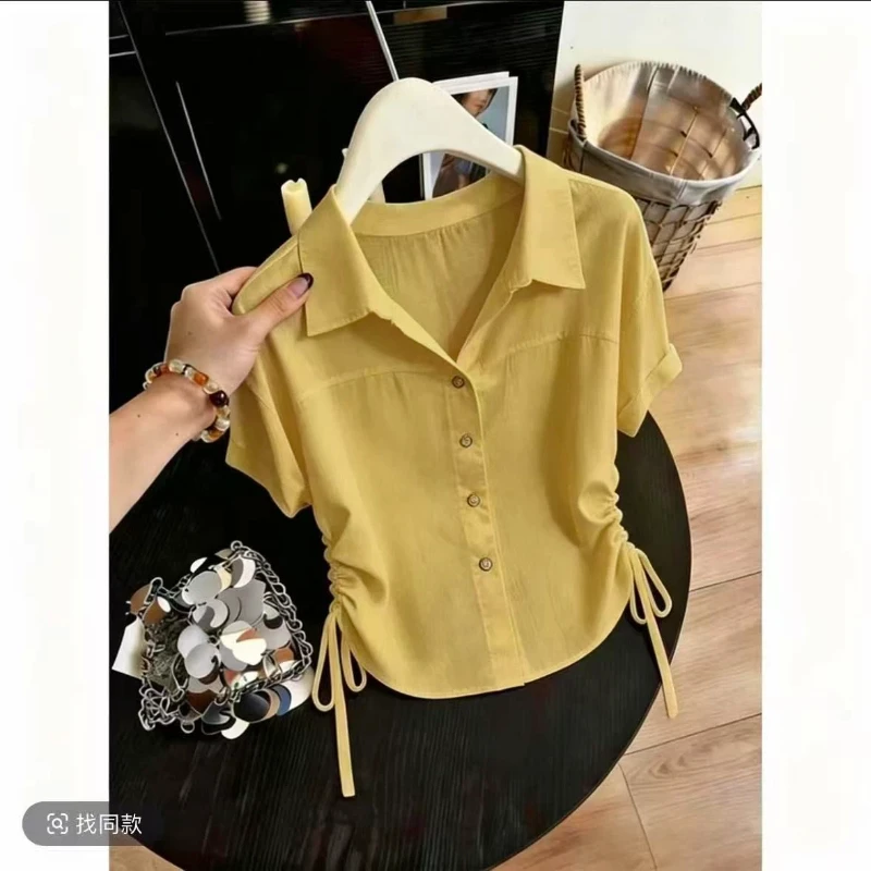 Fashion Casual Polo Neck Drawstring Solid Shirt Tops Women Clothing New Summer Short Sleeve Simplicity Blouse Vintage Elegant