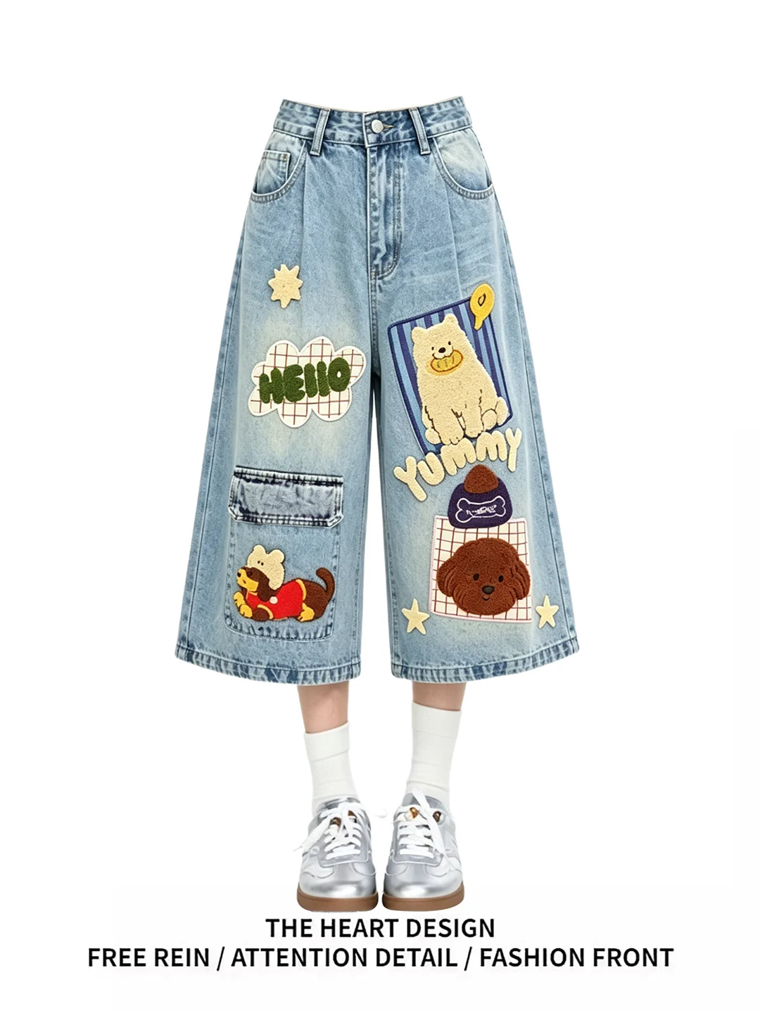 

Retro American Cartoon Embroidery Distressed Denim Jeans Women Summer New Design Loose Casual Shorts High Waist Wide Leg