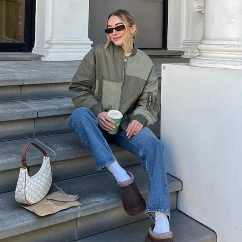 

PRINTKAOIR Street jacket women's patch zipper pocket oversized jacket fashionable 2024 autumn/winter jacket pants set