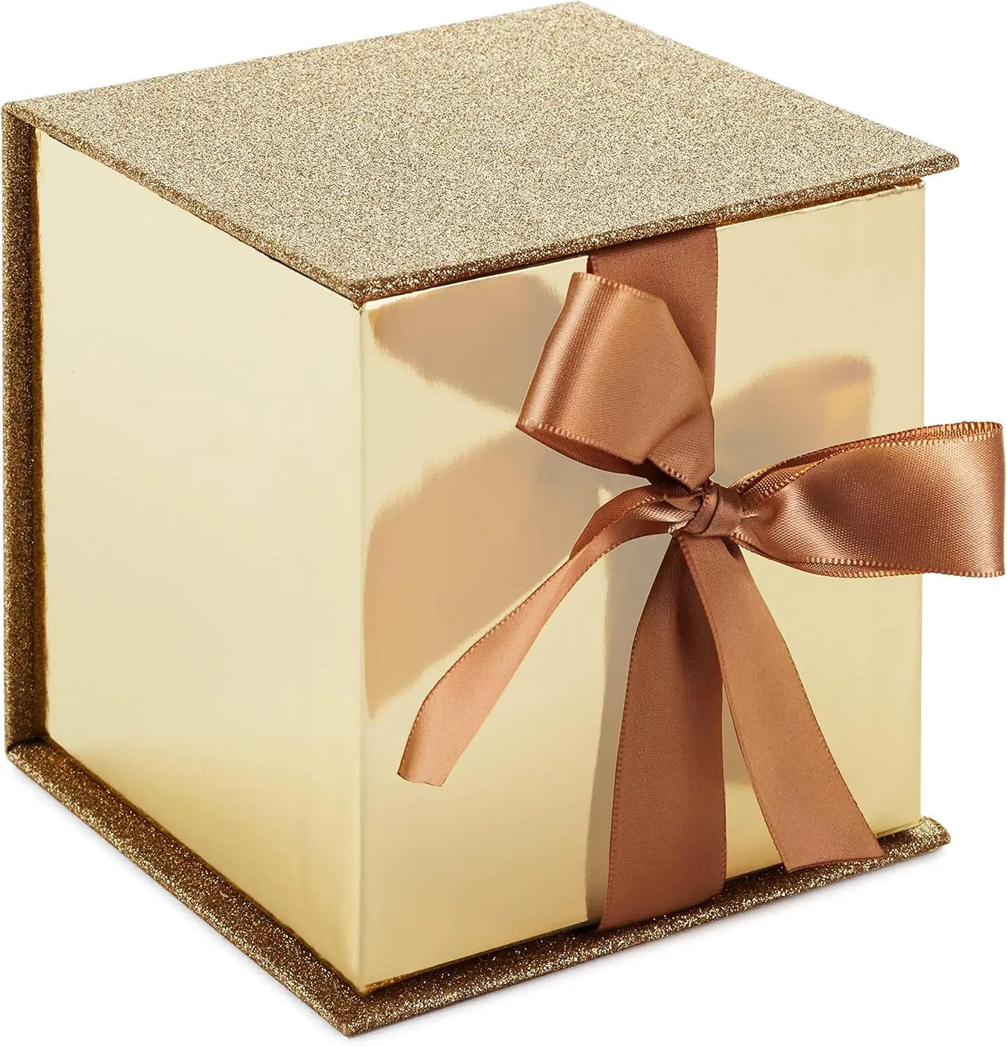 

Small Gift Box with Bow and Shredded Paper Fill (Gold Signature 4 inch Gift Box with Glitter) for Weddings, Graduations, Bridal