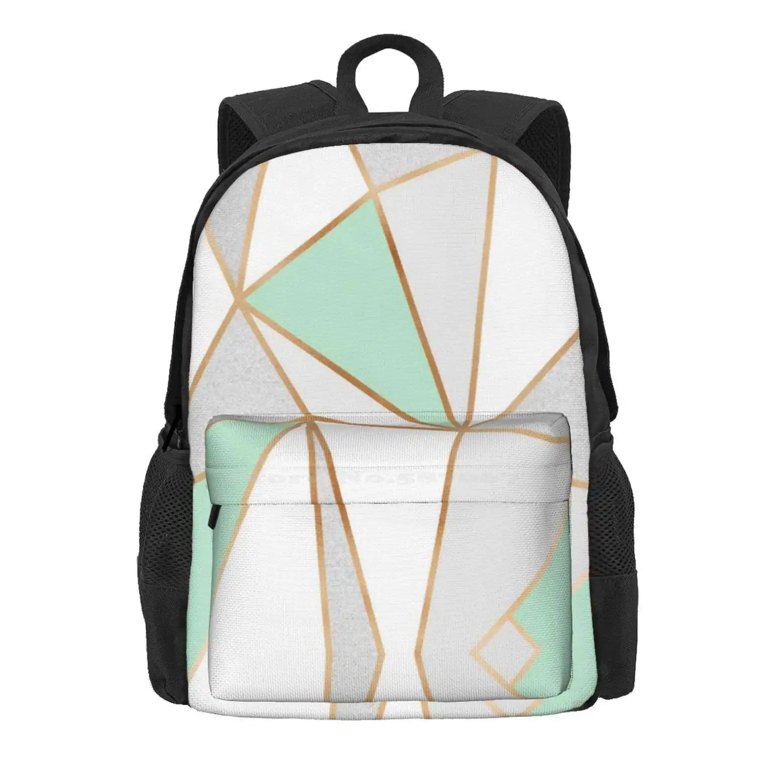 Mint Green, Grey & Gold Geo Hot Sale Schoolbag Backpack Fashion Bags Abstract Pattern Geometric Grey Mint White Gold Line