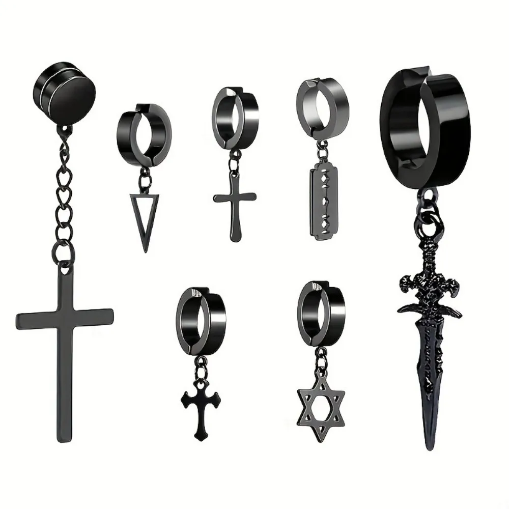 7pcs Men's Steel Earrings Set Black Jewelry No Ear Holes Cross Ear Clip Men's Stainless Steel Tassel Fishbone Ear Buckle