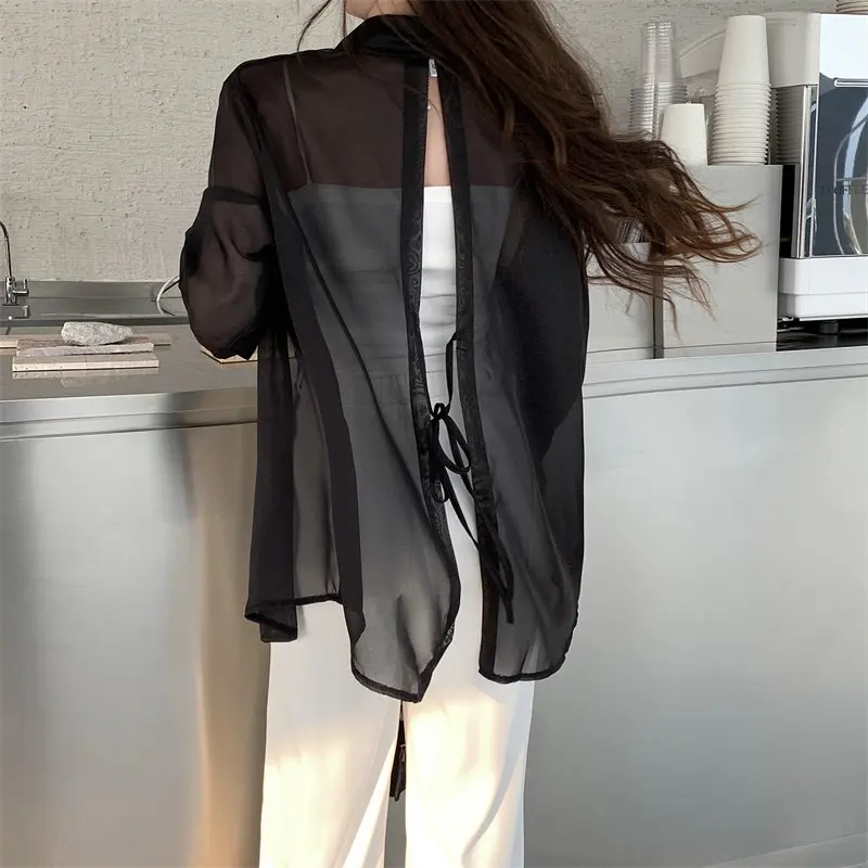 Lightweight Tunic Shirt with Open Back Slit Button Up Collared Loose Blouse Women Spring Summer 2026 Stylish Cover-up Tops