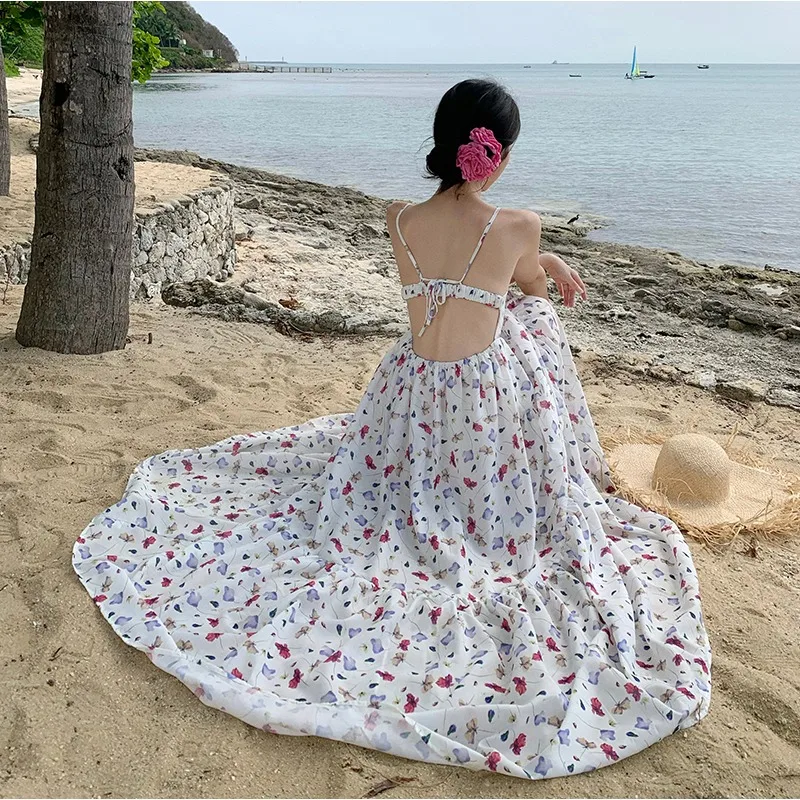 

2024 Holiday Style Halter Floral Dress for Women Sleeveless Vacation Summer Ladies Sundress Elastic Waist Lolita Long Dress New