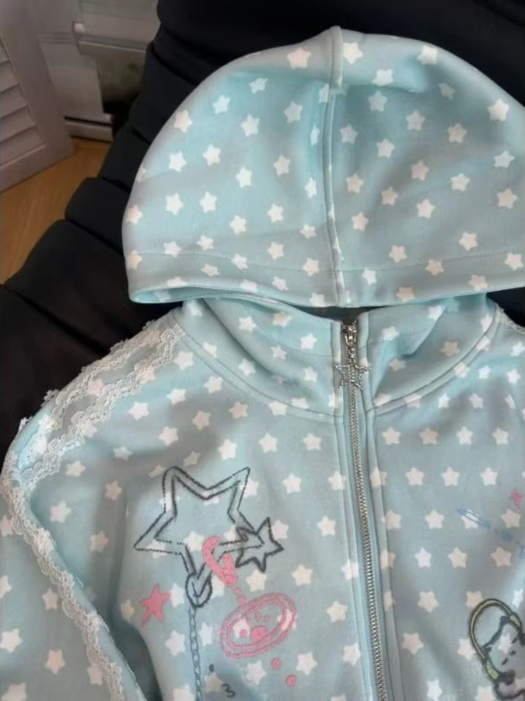 Y2K Sweet Zip Up Hoodie Women Polka Dot Star Print Lace Trim Heart Pocket Bow Wing Print Loose Fit Casual Streetwear Outfit 2026 view 3