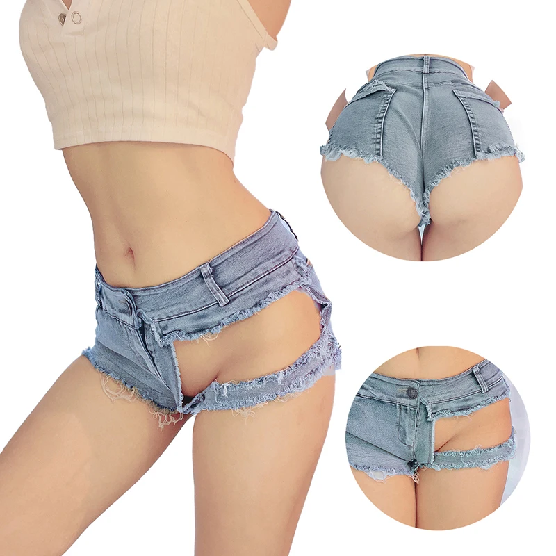 Woman Erotic Low Waist Mini Jeans Leg Hollow Crotch See Through Sexy Pants Costume for Club Party Loose Ripped Baggy Shorts Hot