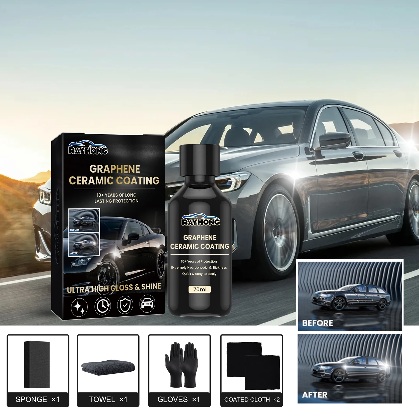 Rayhong Car Graphene Ceramic Coating: Dual-Material Composite Protection, Scratch & Scuff Resistance, Long-Lasting Paint Gloss