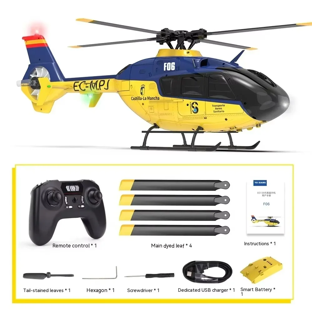 Hélicoptère Rc Yxznrc F06 6ch pour touristes, moteur sans balais, échelle Ec135, un rouleau de clé, modèle d'avion cascadeur 3D haute intensité, cadeaux pour garçons