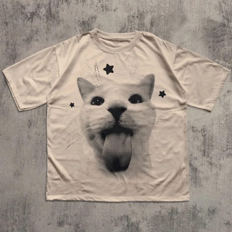 面白いY2K風の面白い猫プリントコットンTシャツ、90年代レトロ子猫ヴィンテージグラフィックTシャツ、猫好きへのギフト、ミームTシャツ、男女兼用トップス