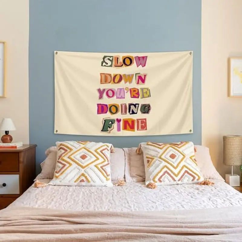 VIKAMA Slow Down You're Doing Fine Ransom Note Wall Tapestry Beige Colorful Collage Letter Positive Quote Bedroom Living Room