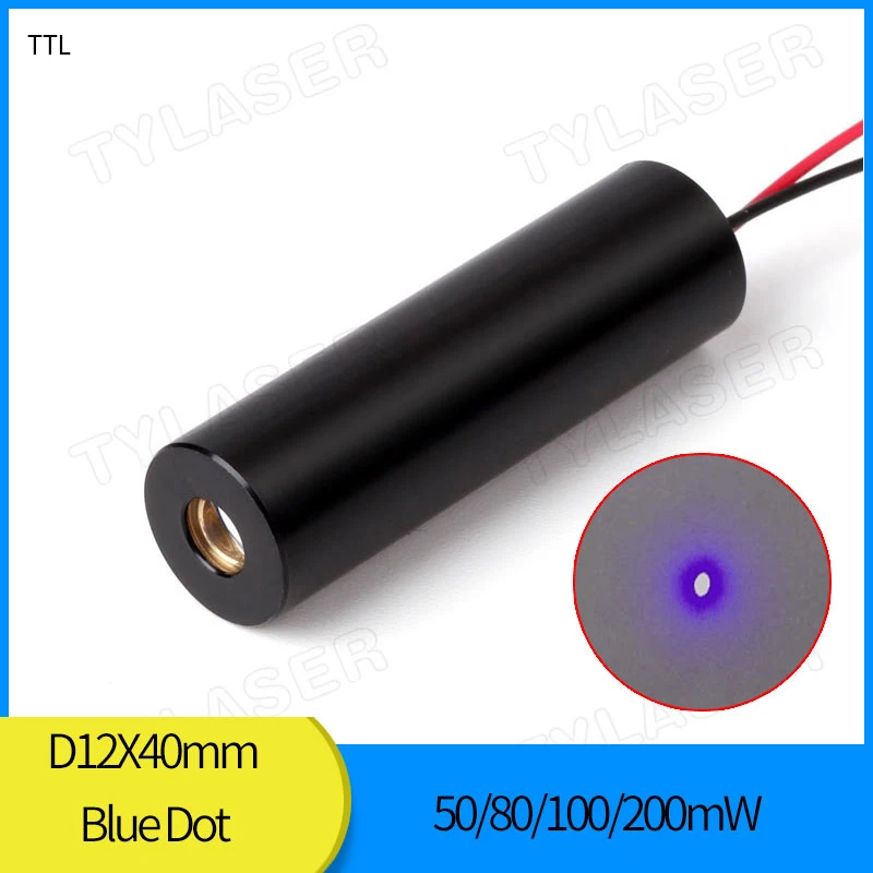 Blue Laser Dot Diode Module, Industrial Grade APC Driver para Máquinas para Carpintaria, TTL externo, 3V DC Input, D12 x 40mm, 450nm, 1mW