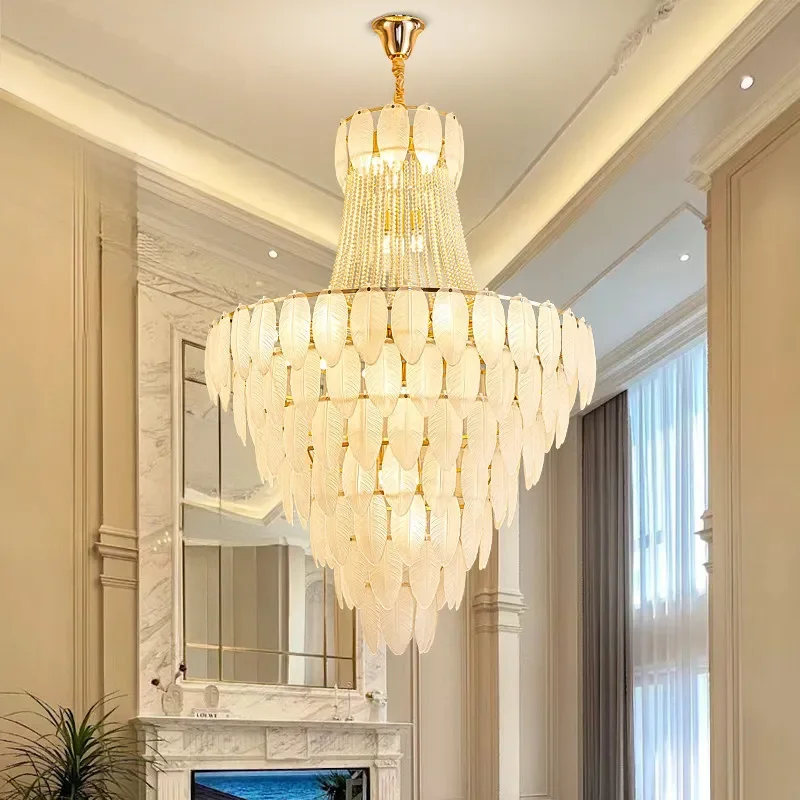 French Light Luxury Feather Chandelier for Duplex Villa Living Room Hollow Crystal Staircase Light Middle Floor Pendant Lamp