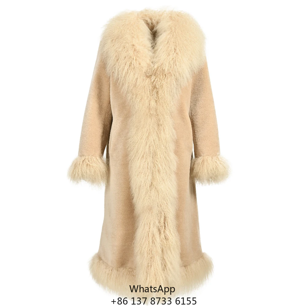 

Womens Winter Long Trench Coat Luxury Real Mongolian Lamb Fur Collar Trim Sheep Shearling Women Fur Parka Coat With Fur