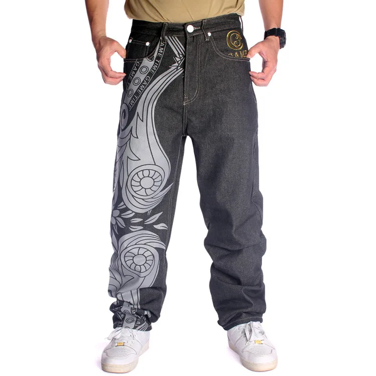 Trendy men's straight trousers hip-hop jeans HIPHOP hip-hop graffiti print embroidery loose skateboard pants