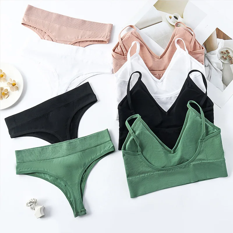 Nahtloses, kabelloses BH-Set für Damen mit sexy Tanga-Taillenhöschen – bequeme Unterwäsche-Bralette für feminine Unterstützung, einfarbig