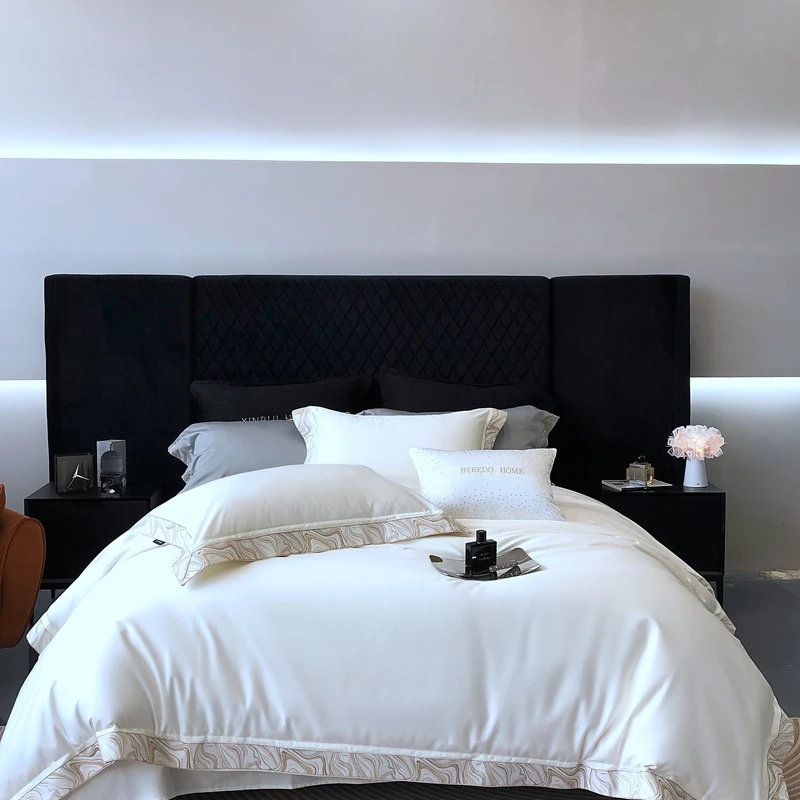 Bright White 600TC Long Staple Cotton Bedding Set Chic Marble Art Embroidered Duvet Cover Bed Sheet Pillowcases Double Queen