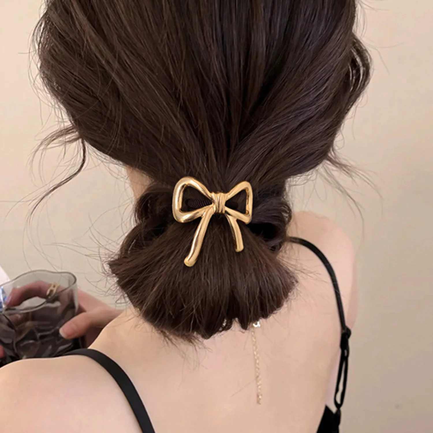 Korean Exquisite Metal Bow Hair Rope for Women Ponytail Headstring Elastic Hair Band Simple Elegant Hair Tie Hair Accessories