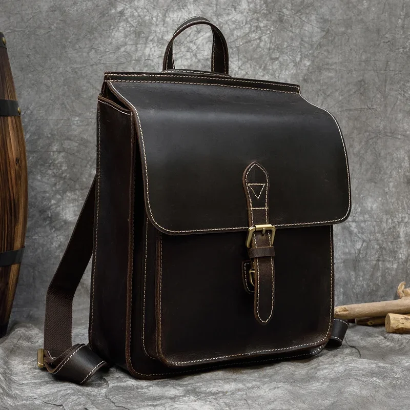 

High Quality Vintage Crazy Horse Leather Backpack Handmade Casual Cowhide Genuine Leather Travel Bag for Ipad Tablet Weekend Bag