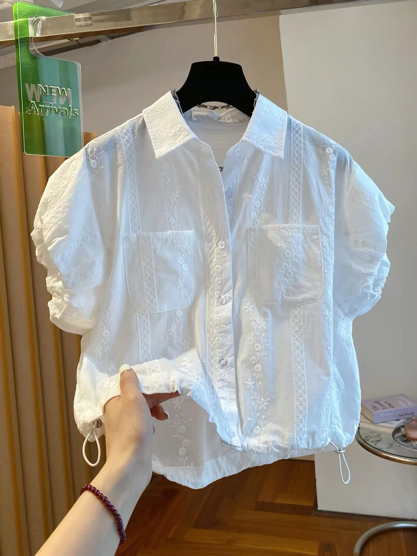 

White Embroidered Pure Cotton Shirt Women's Short Sleeve Loose Bloom Sleeve Summer Casual Drawstring Hem Top Korean Style