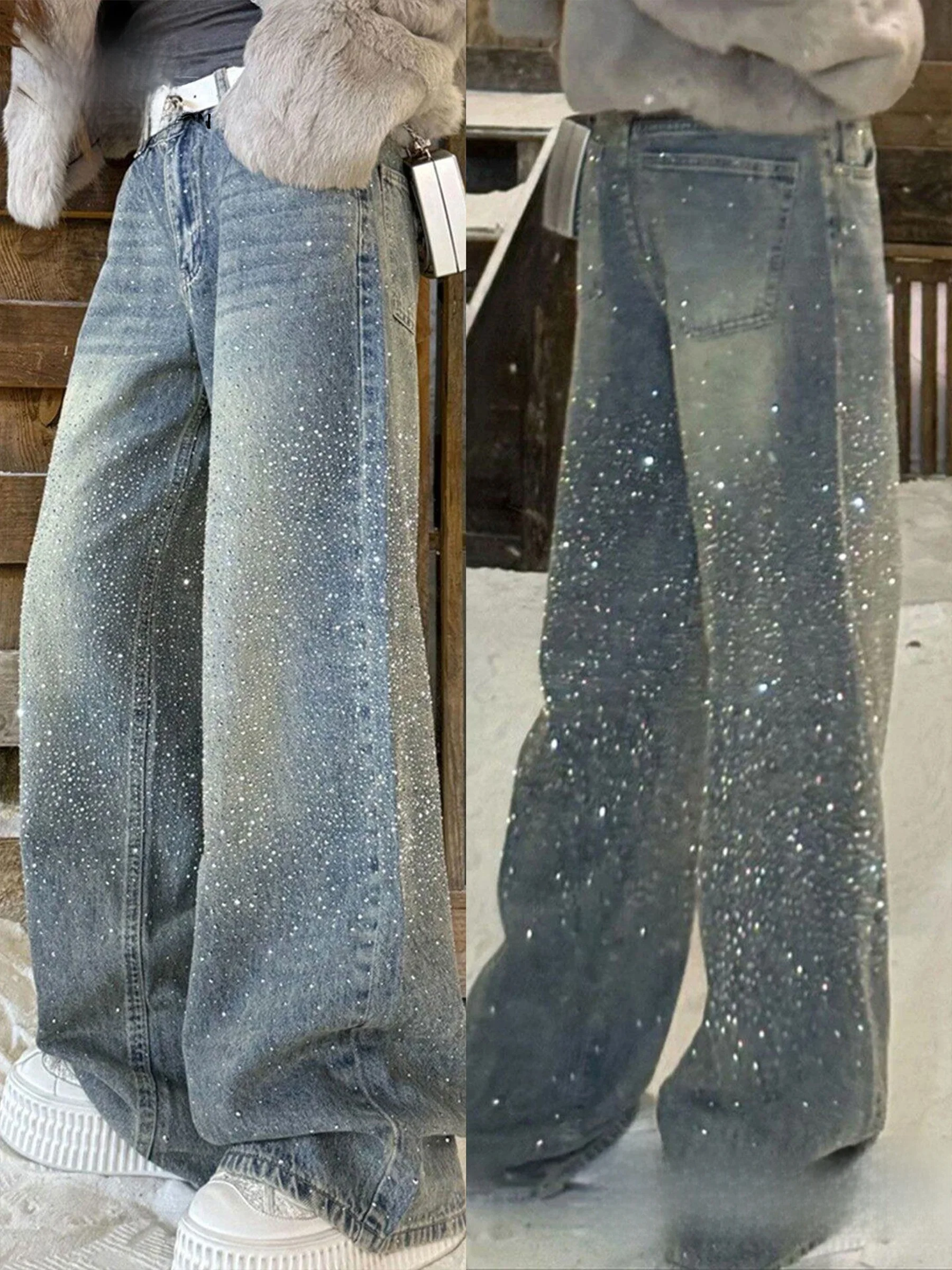 

Shiny Rhinestone Decorated Loose Wide Leg High Waist Straight Jeans Women's Summer New Arrival Casual American Style Denim Pants