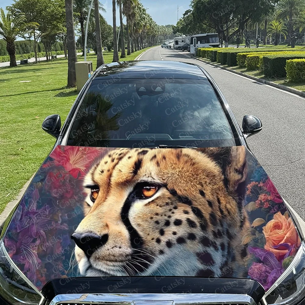 

Flower Cheetah Car Hood Sticker PVC Self Waterproof Stick, Striking Auto Exterior Accessories Decor Protect Gift for Car Lover