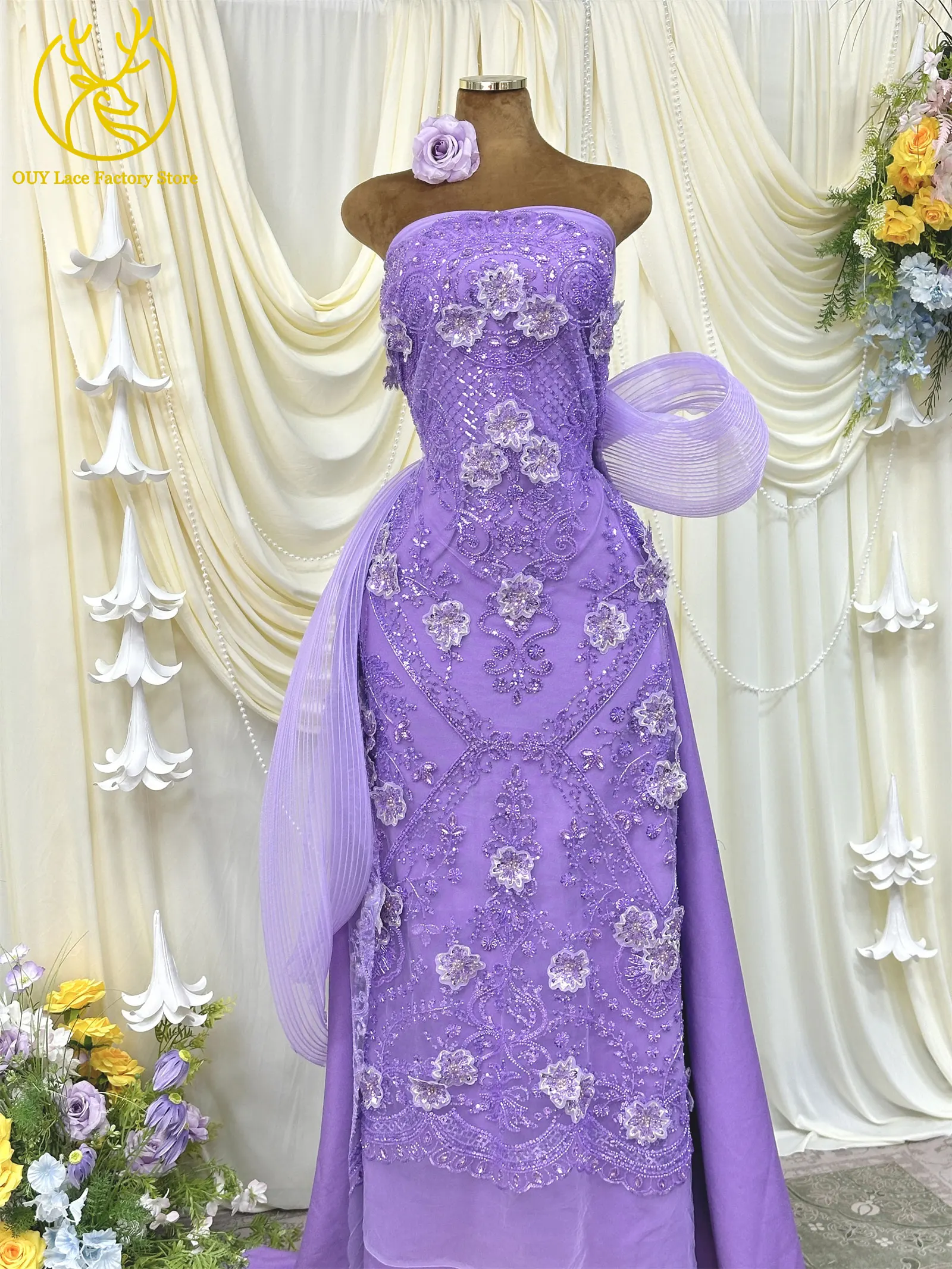3D-Stickerei Blumen Französischer Mesh-Stein-Spitzenstoff 2026 Afrikanischer Nigerianischer Tüll Perlen-Pailletten-Spitzenstoff für Hochzeitsnäharbeiten – Detail 6