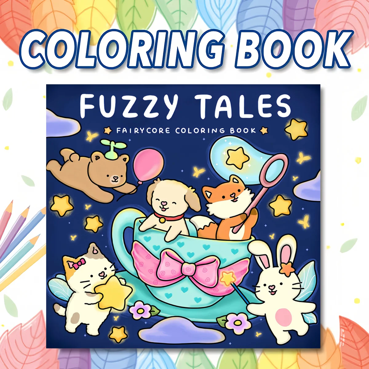 Fuzzy Tales Cute Furry Animal Coloring Book for Toddlers Kids Ages 3-10, Big Bold Line Kawaii Cat Dog Rabbit Magical Fairy Tale Fantasy Educational Drawing Activity Book, Thick No Bleed Paper Preschool Fairy Tale Art Workbook