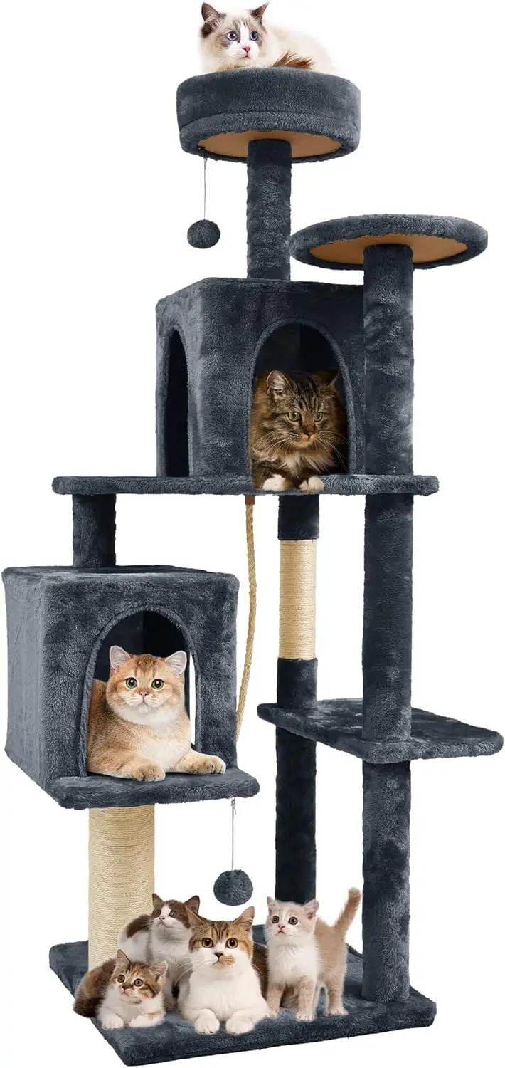

Large Cat Tree Tower with Plush Perches, Sisal Scratching Posts, Multi-Level Design for Indoor Cats, Black Grey