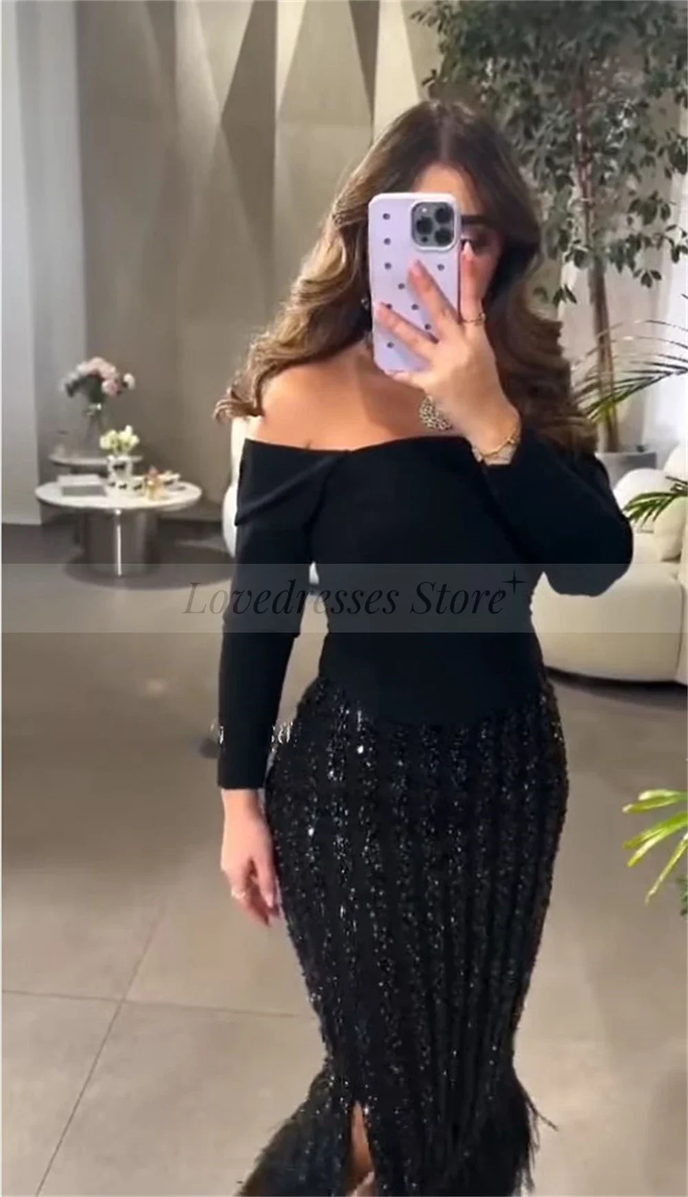 Customized Off Shoulder Lace Straight Evening Dress Long Sleeve Feathers Patchwork Ankle-Leng Side Split Prom Gown فساتين الحفل