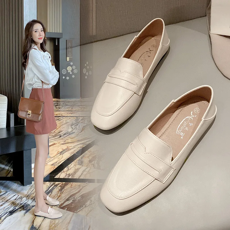 

Soft Soled Women's Small Leather Shoes Flat Bottomed British Style Square Toe One Foot Pedal Loafers Vulcanized Shoes