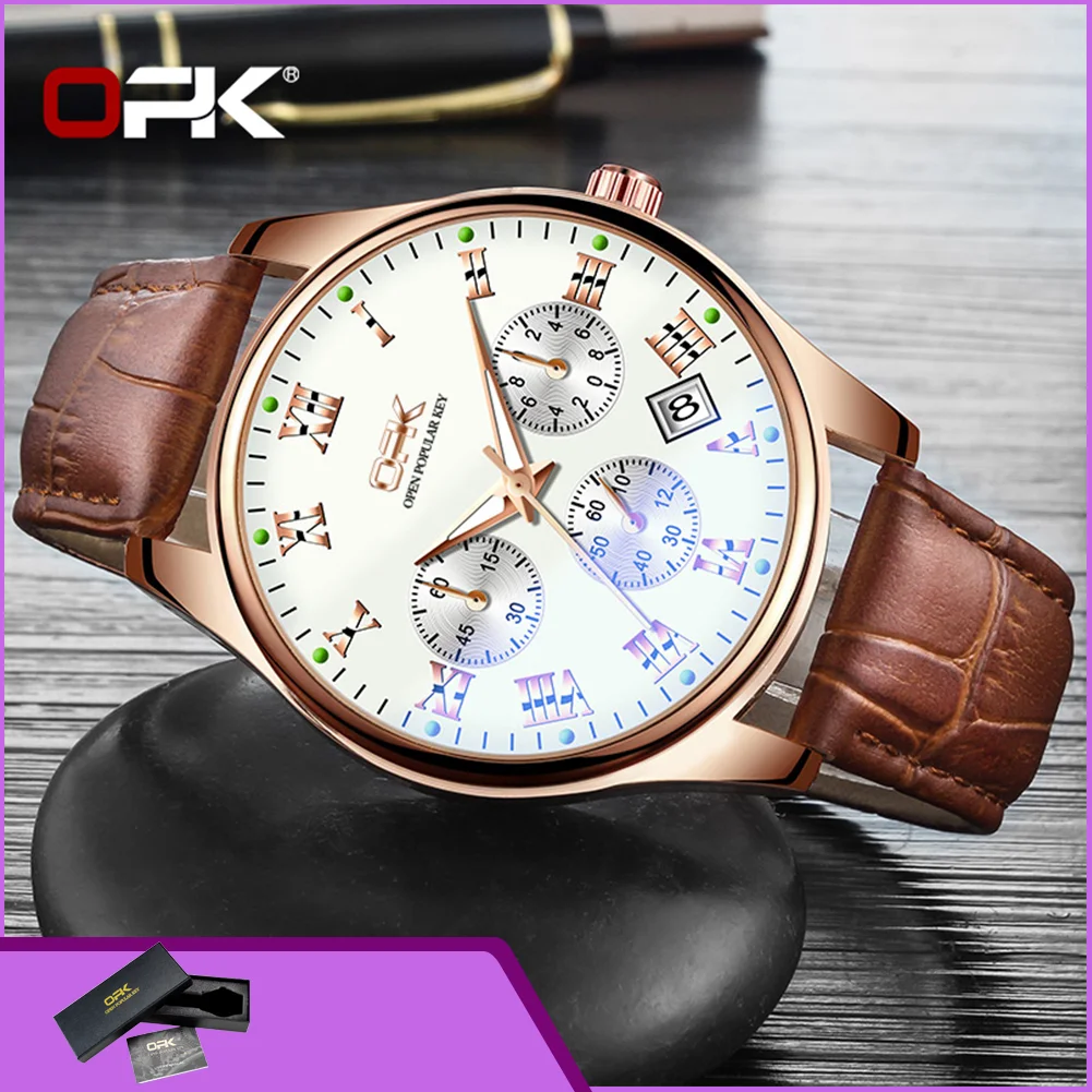 

OPK 8120 Man Watch Sport Chronograph Luminous Auto Date Waterproof Leather Strap Original Men’s Quartz Wristwatch
