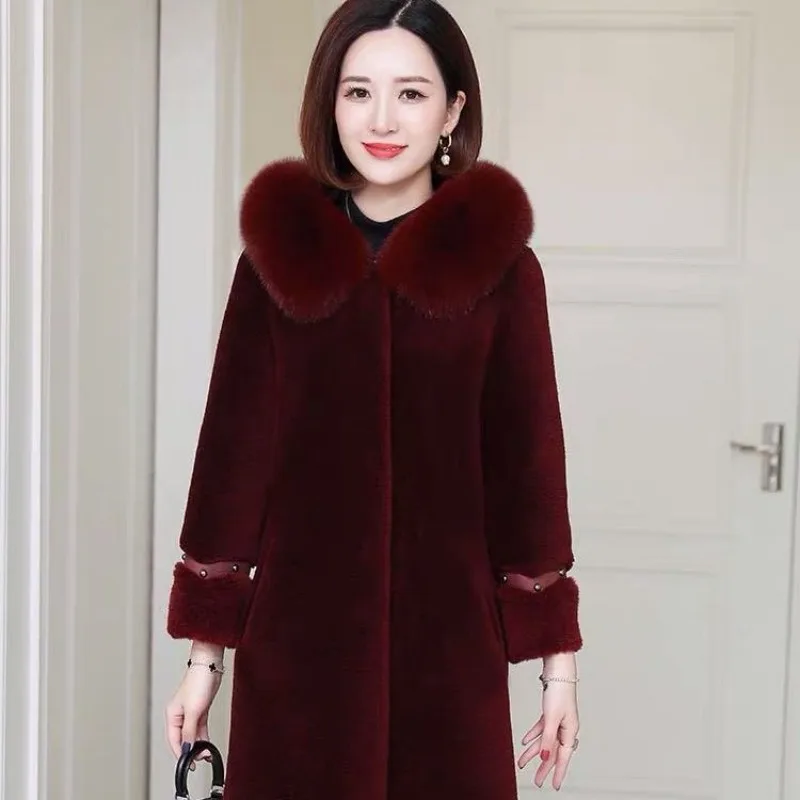 2023 Winter New Women Grain Cashmere Fur Coat Slim Large Size Long Parkas Thicken Warm Fashion Hooded Outwear Casual Mom Outfit