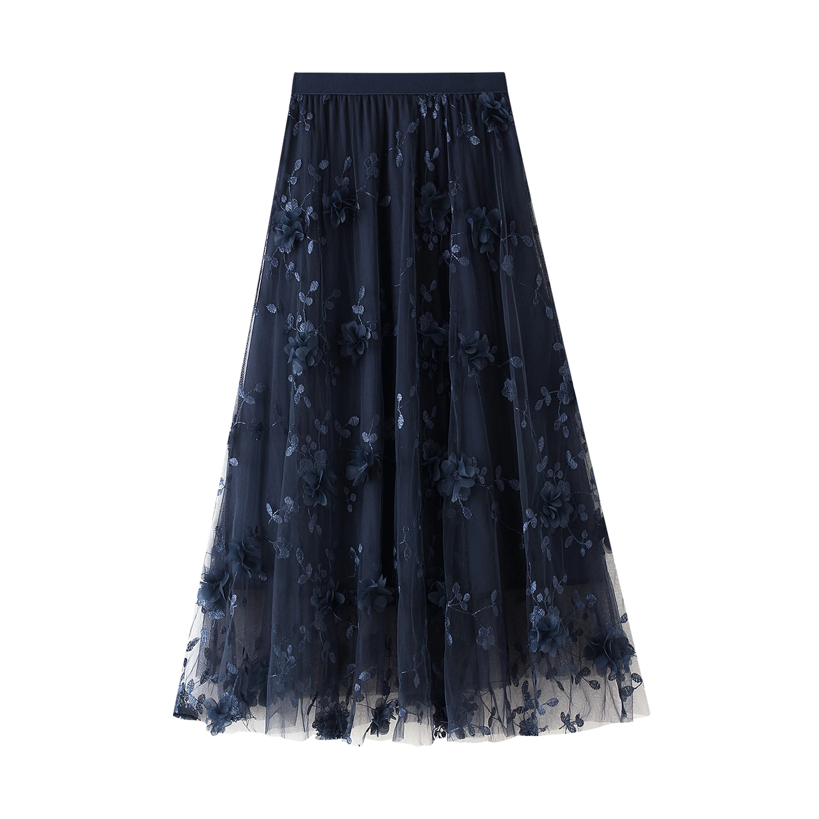 Women's Fashion Long Tulle Skirt Casual High Waist 3D Flower Embroidery Solid Color Midi Swing Skirt