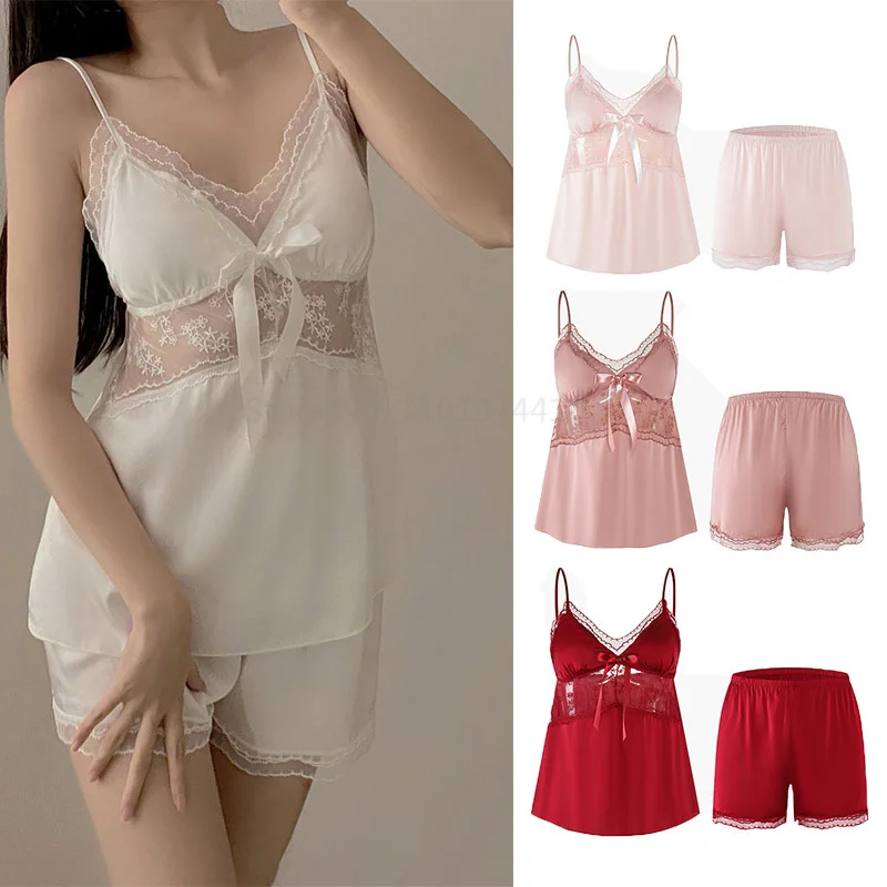 

Пикантная Женская атласная шелковая ночная одежда с цветочным принтом, одежда для отдыха, майка с открытой спиной и шорты, 2 шт., женская пижама