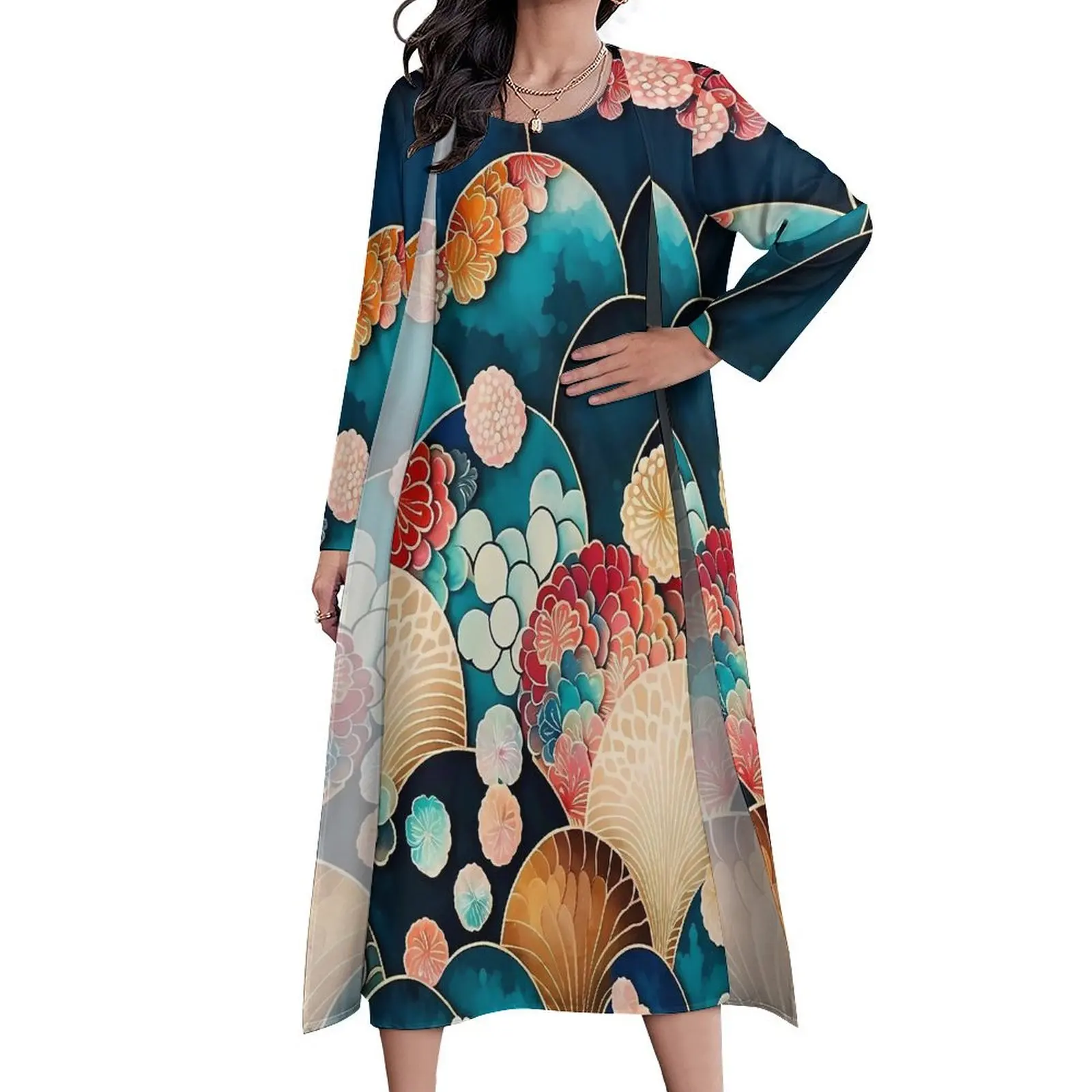 Japanse kunstjurk Japanse schaal kimono patroon Vintage maxi-jurk tweedelige grafische Boho strand lange jurken oversized vestido