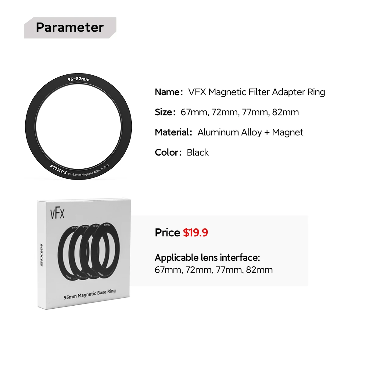 Vaxis VFX  67mm,72mm,77mm,82mm,95mm Magnetic Filter Kit and Adapter Ring