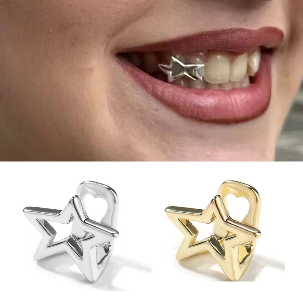 YOUNGX Punk Y2K Hollow Star Teeth Grillz Hip Hop Gold Silver Color Pentagrams Tooth Caps For Women Men Jewelry Party Gift