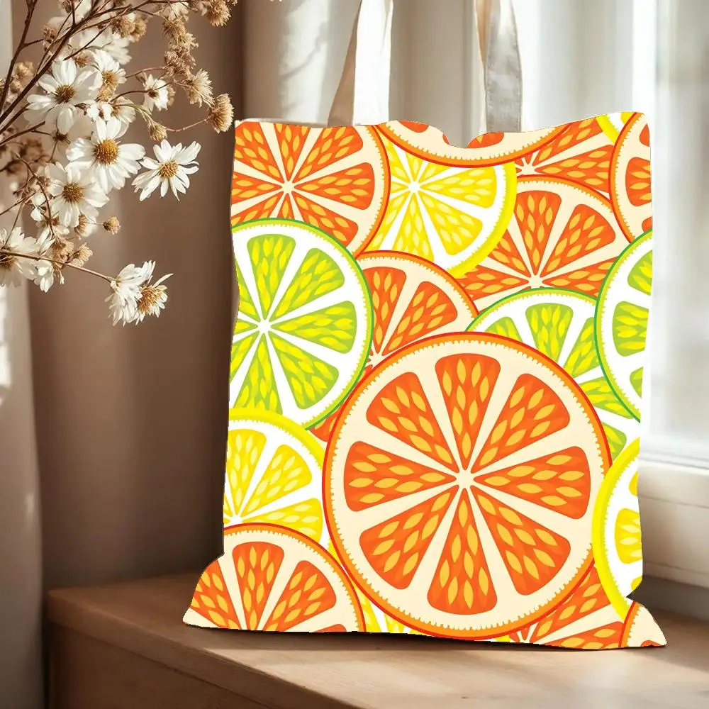 Citrus Fruit Storage Bags Canvas Tote Bag Large Capacity Double-Sided Print Reusable Shopping Bag Eco-Friendly Shoulder Bag